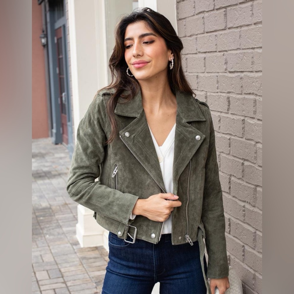 BLANK NYC Faux Suede Moto Cropped Jacket Army Green Size Small